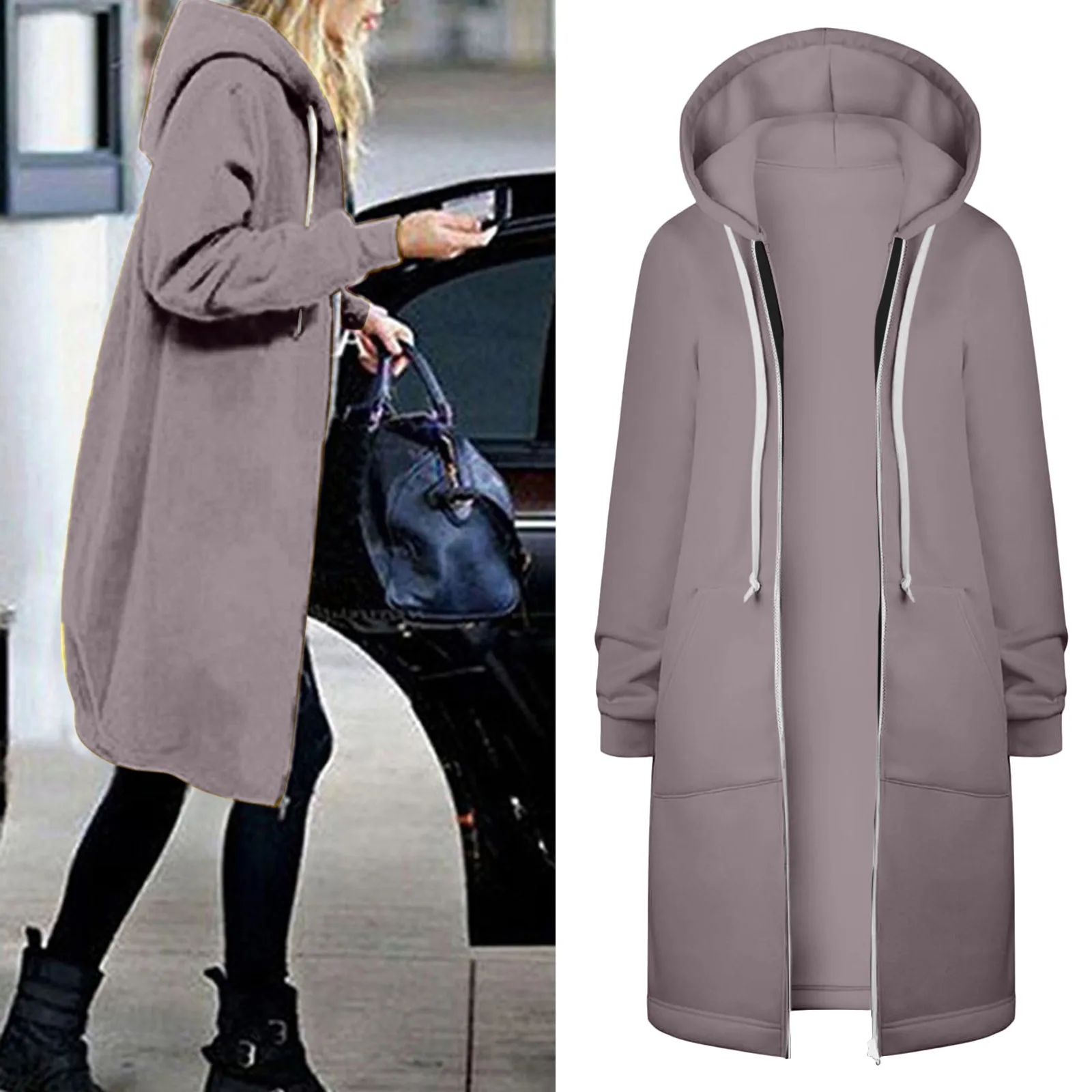 

Women Casual Long Hooded Drawstring Solid Zip Jacket Pockets Jacket Zipper Coat
