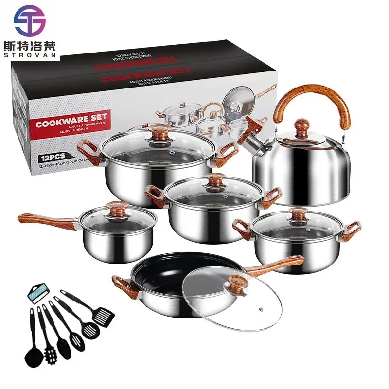 

12 Pcs New Kitchen Cookware Stainless Steel Non-Stick Cooking Pots and Pans Set