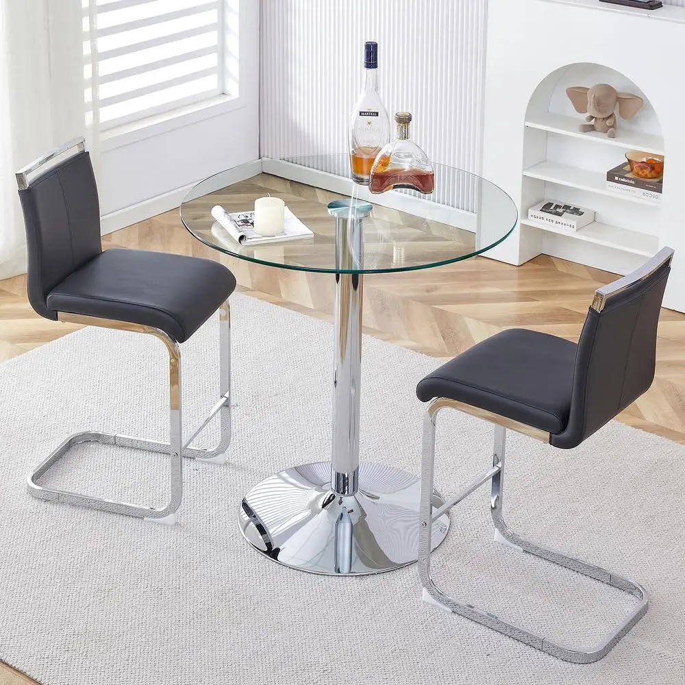 

2-Piece Round Counter Height Dining Set with Glass Top and Black Stools, Sturdy Chrome Base, Ideal for Kitchen