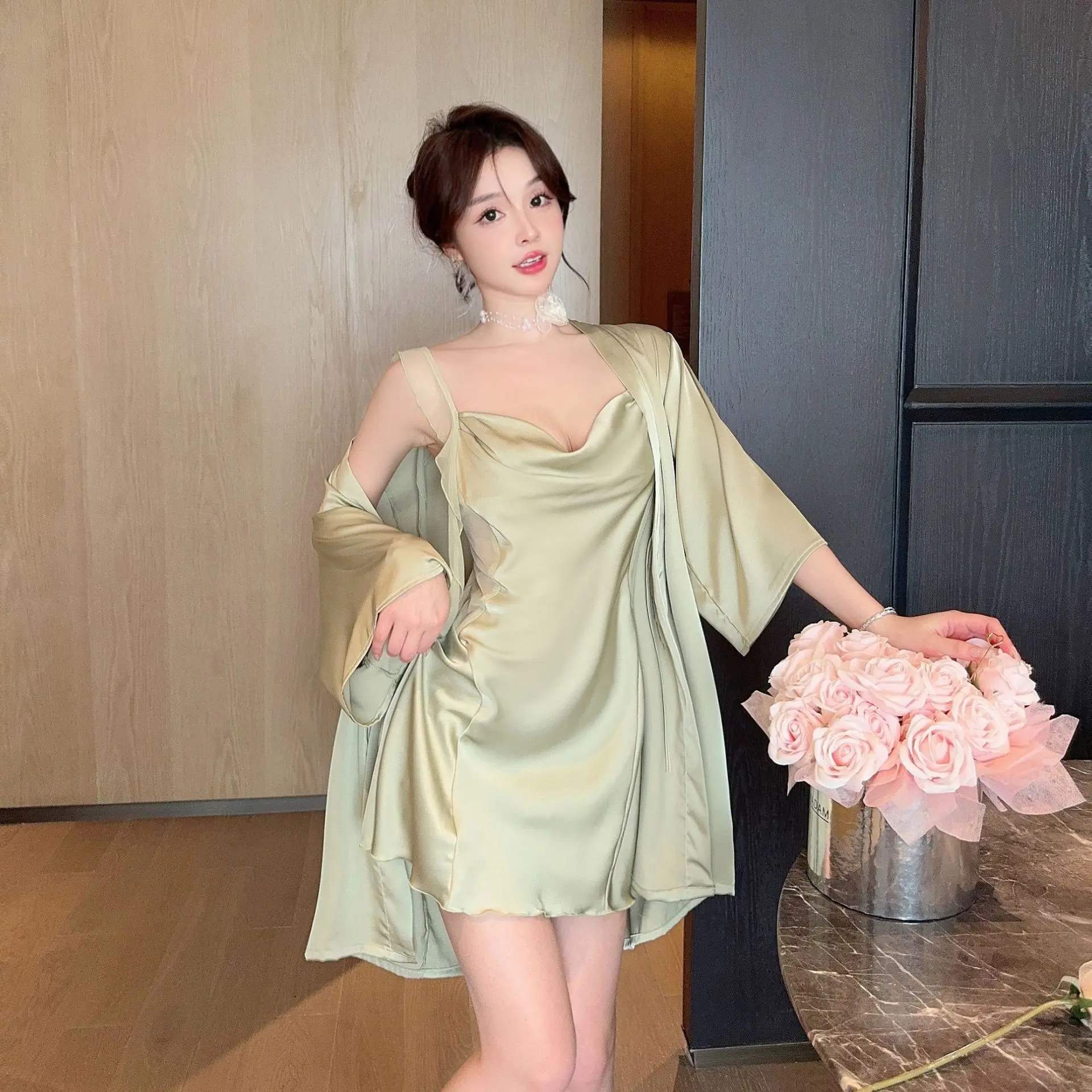 Sexy Minimalist Silk Sleepwear Set Two-Piece Set with Strap Outer Robe Casual Home Clothes Fashionable Simplicity Leisure Wear 4