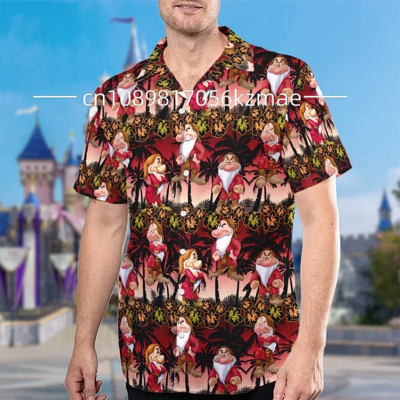 

2024 Summer New Snow White and Seven Dwarfs Hawaiian Shirts Disney Leisure Fashion Beach Men's and Women's Short sleeved Shirts