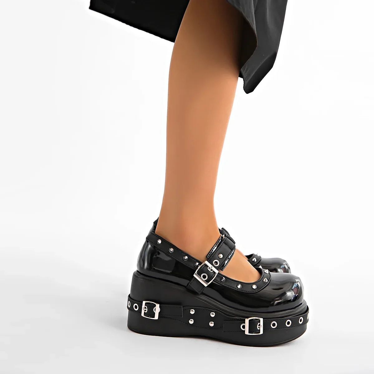 Damen Plus Size 35-42 Mary Jane Schuhe, Plateau T-Strap Pumps, Nietenbesetzte Schwarze Leder-Freizeitschuhe, Cosplayer Punk-Stil Schuhe – Detail 18