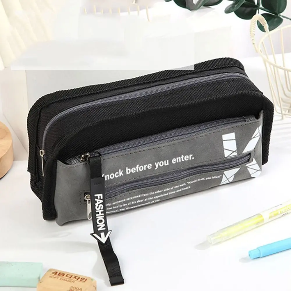 Bolsa de papelaria para meninos com zíper duplo, bolsa de armazenamento de grande capacidade, multicamadas, lona, armazenamento de mesa, desenho animado, bolsa de lápis