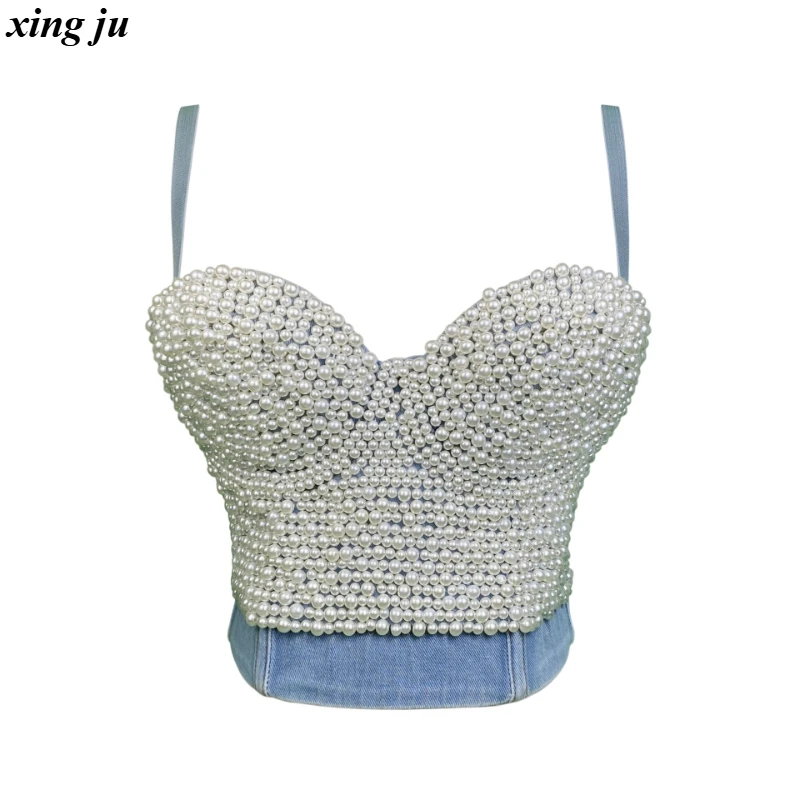 

Xing Ju Nightclub Girl Blue Backless Denim Sling Vest Women Stage Costume Party Fishbone Pearl Tank Tops Singer Performance Wear