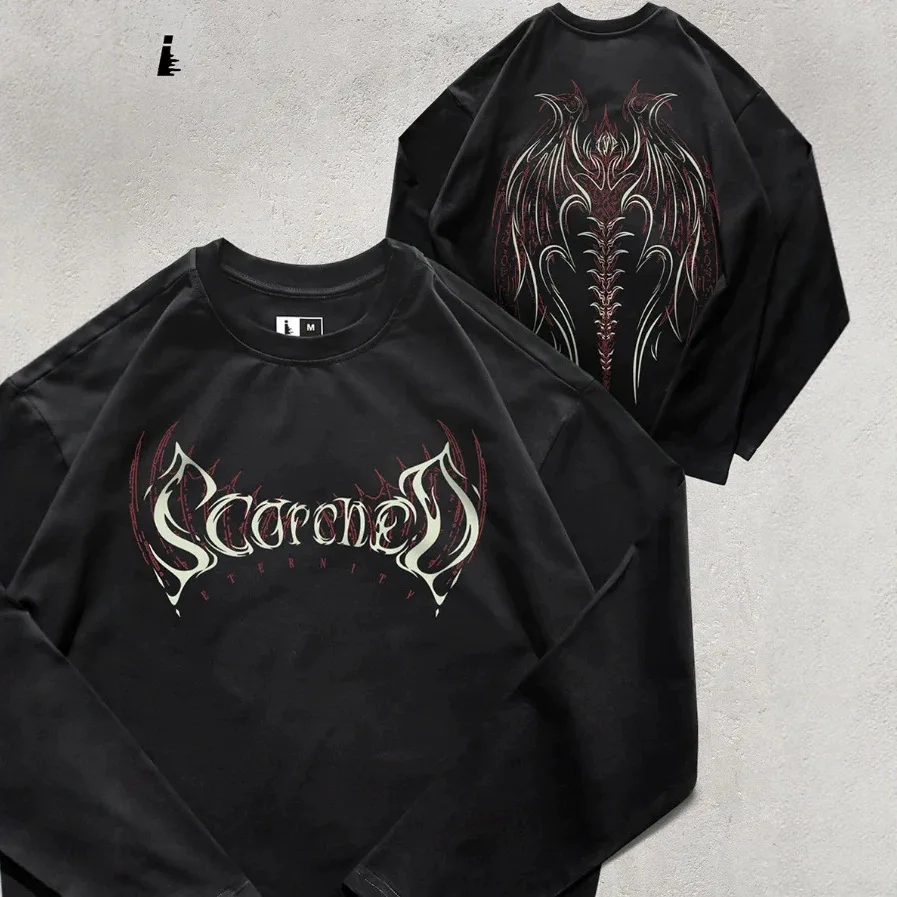 Dark Grunge Punk Long Sleeve Tee Double Sided Gothic Dragon Wing Print Oversized Black Unisex Alt Streetwear Long Sleeve Shirt
