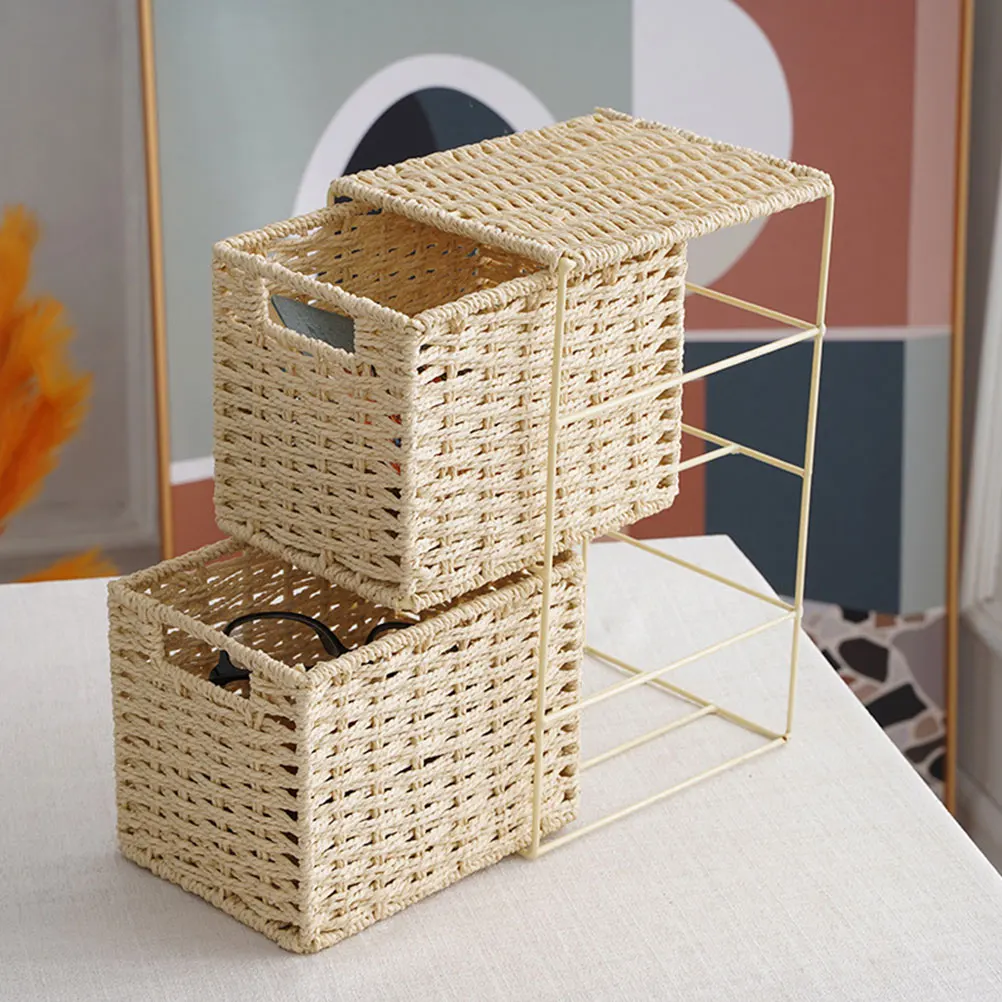 Simulated Rattan Dual-Layer Sundries Basket Sturdy Home Storage Container Organizer Small Drawer Small Storage Drawers