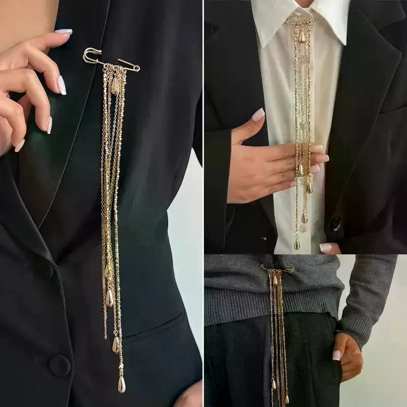 Exaggerated Water Droplet Fringe Tassel Chain Brooch Metal Chain Clothing Tie Pin Bead Fixed Ornament Banquet Party Jewelry Gift