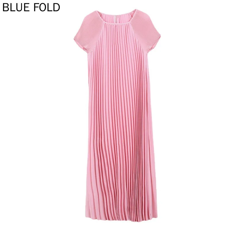 Miyake Pleated Dress for Women, Pink, Large Size, Loose, Short Sleeve, Elegant Clothing