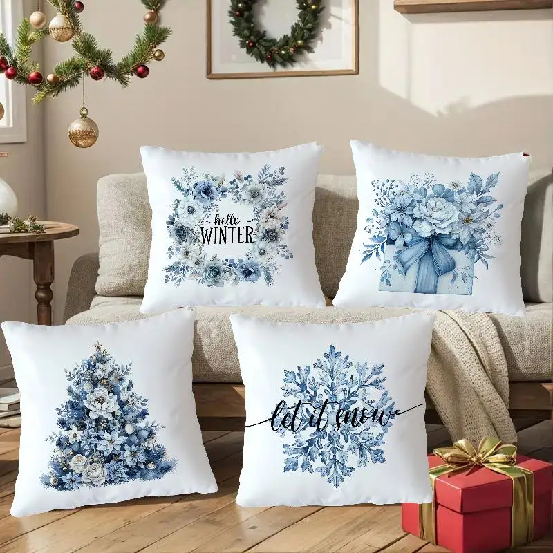 Christmas Cushion Cover Blue Snowflake Reindeer Design Festive Decorative Pillow Case Holiday Sofa Bed Home Decor Pillowcase