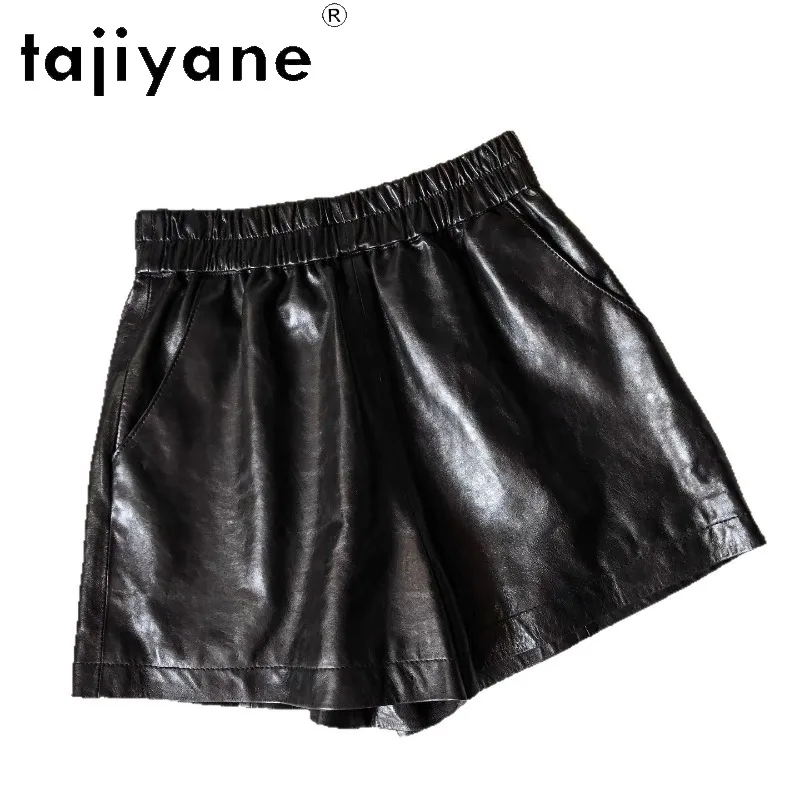 TAJIYANE Geunine Leather Shorts Oil Wax Vegetable Tanned Sheepskin Women's Shorts Elastic Waist Casual Shorts for Woman Chic 반바지