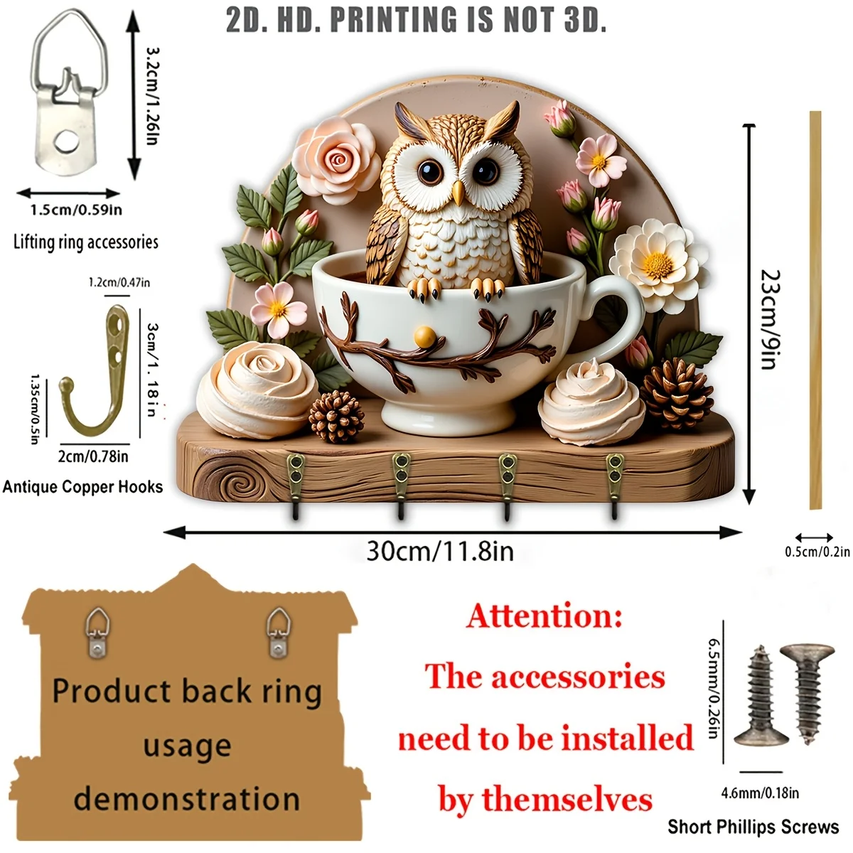 2D Flat, 1pc, Owl Teacup Floral Theme Key Hook, Wooden Multifunctional Home Key Holder with Four Metal Hooks, Suitable for Wall view 3