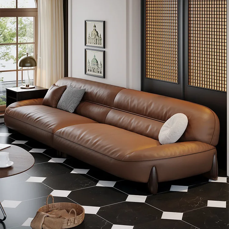 

Leather sofa, Italian simplicity, first layer cowhide, brown, high-density sponge straight row sofa