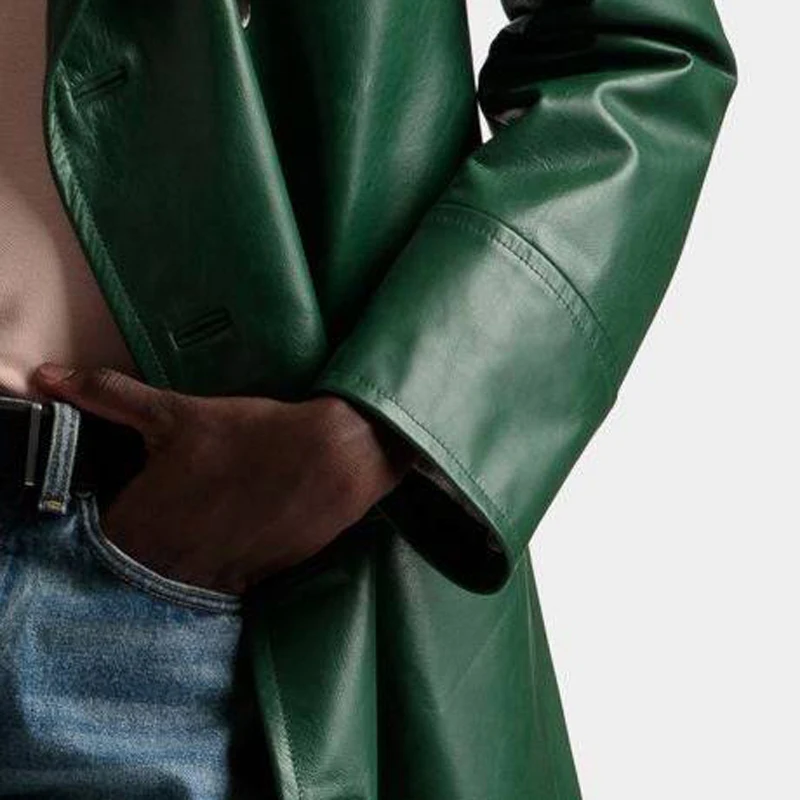 Men\'s Classic green ultra long genuine leather trench coat British trend personalized fashion custom sheepskin coat for men