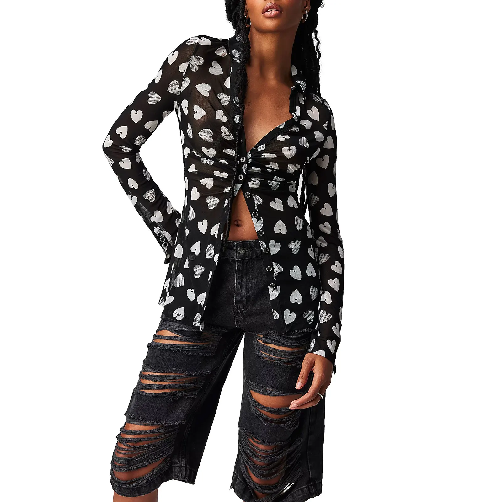 Dames Y2K V-hals met knopen, lang shirt, casual bloemenprint, ruches, blouse met lange mouwen, ingerichte werktops voor streetwear