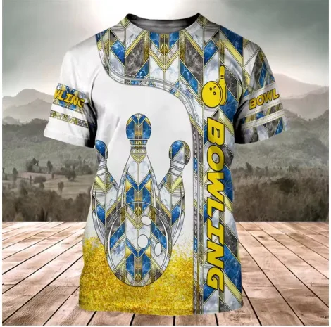 Men Bowling Print T Shirt Vintage Strike Pin Graphic Short Sleeve Sports Casual Tee