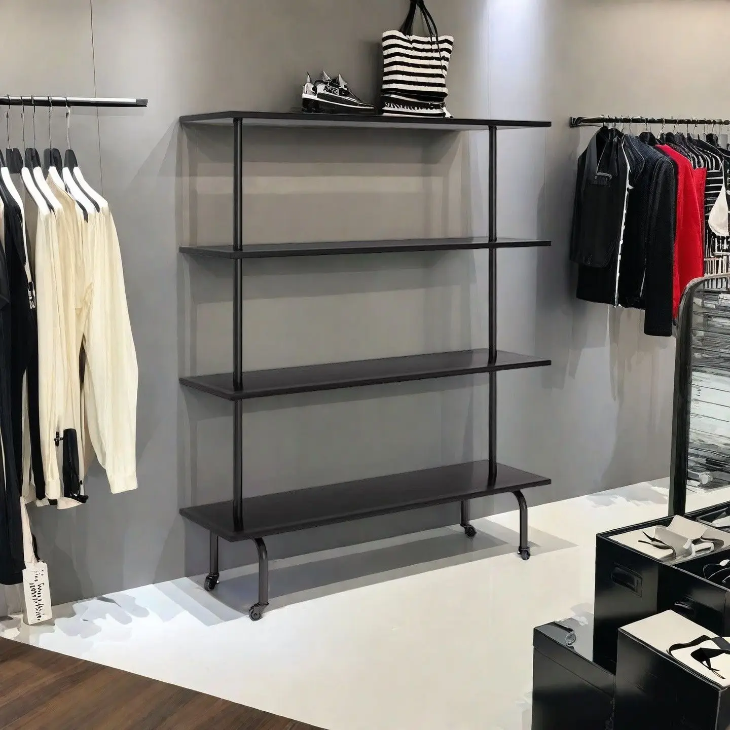 Shoe rack Clothing store Multi-layer black rack Bag storage Movable floor-to-ceiling display rack