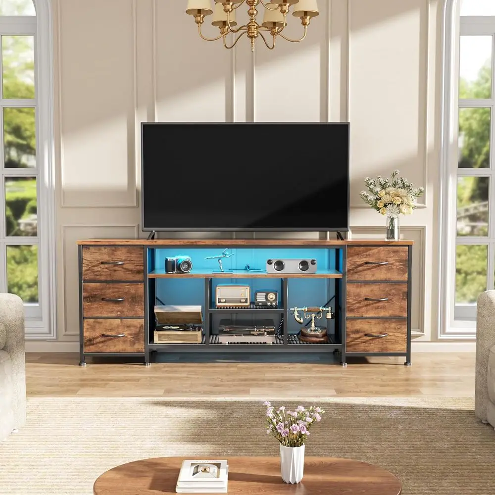 65-70 Inch LED TV Stand, 63 Entertainment Center with Power Outlets, 6-Drawer Media Console in Rustic Brown