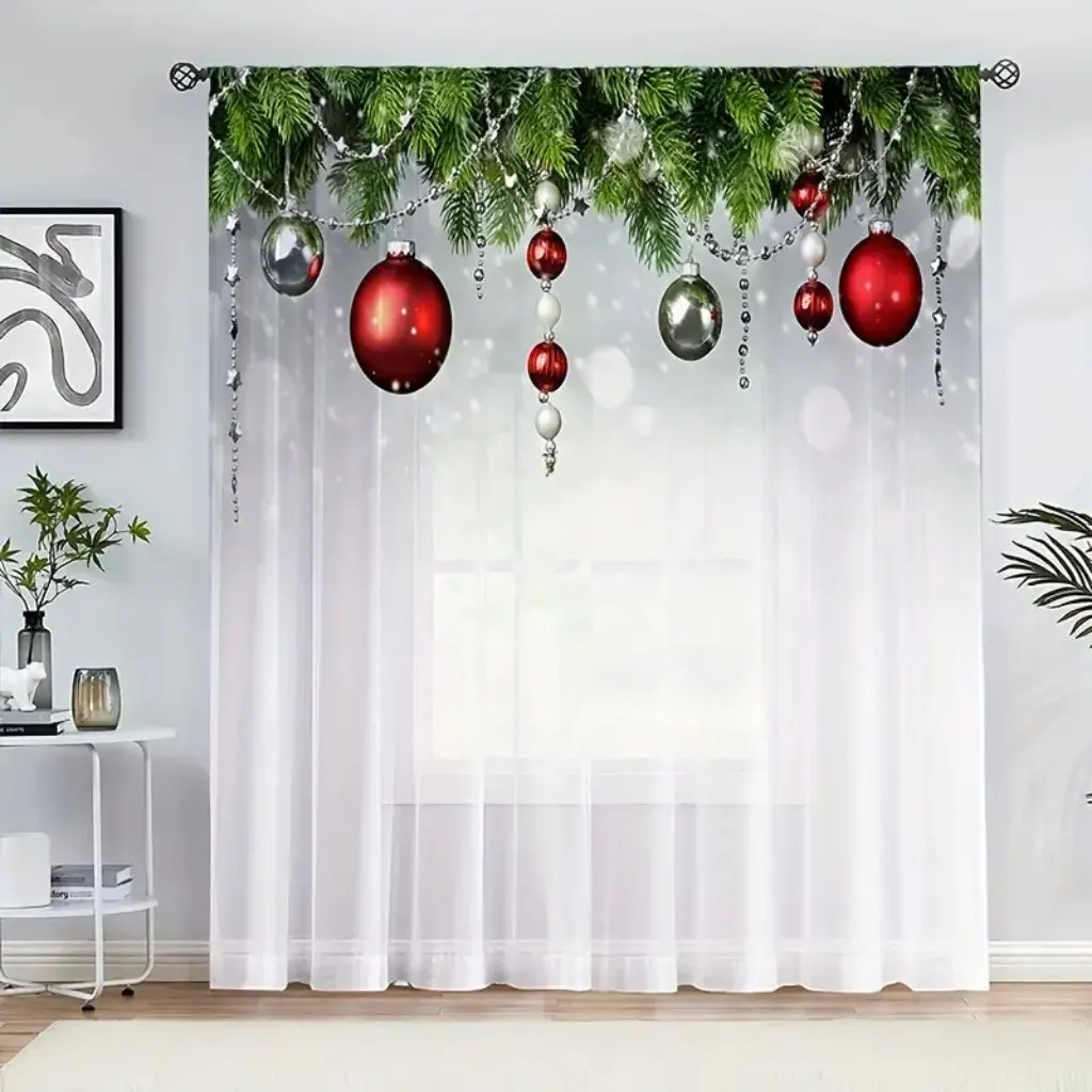 2panel New Leaf Balloon Pattern Curtain Christmas Holiday Decoration Rod Pocket Sheer Curtains For Living Room Bedroom Home Deco