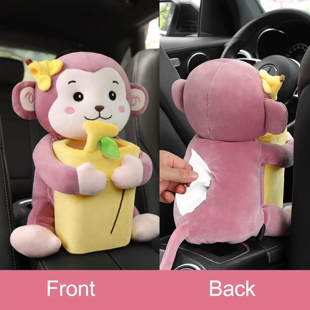 2 In1 The New Cute Cartoon Car Tissue Box Creative Cartoon Monkey Rabbit Plush Tissue Box Car Paper Napkin Tissue Box