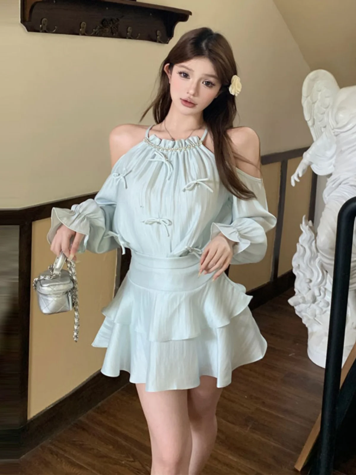 

Spring Fashion Set 2026 Sexy Spicy Girl Shoulder Bared Necklace Top Half Skirt Unique Beautiful Two Piece Set Cotton Long Sleeve