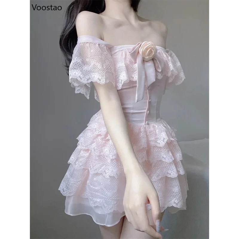 Mini robe de princesse Lolita pour femmes, rose doux, dentelle kawaii, volants, manches volantes, fleur, 2006, robes, femme chic, été