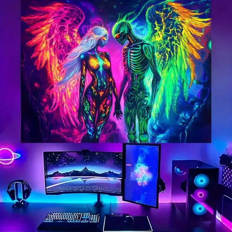 VIKAMA Psychedelic Wing Skeleton Lady Tapestry Neon Rainbow Hippie Dark Print Wall Hanging Teen Dorm Bedroom Decor