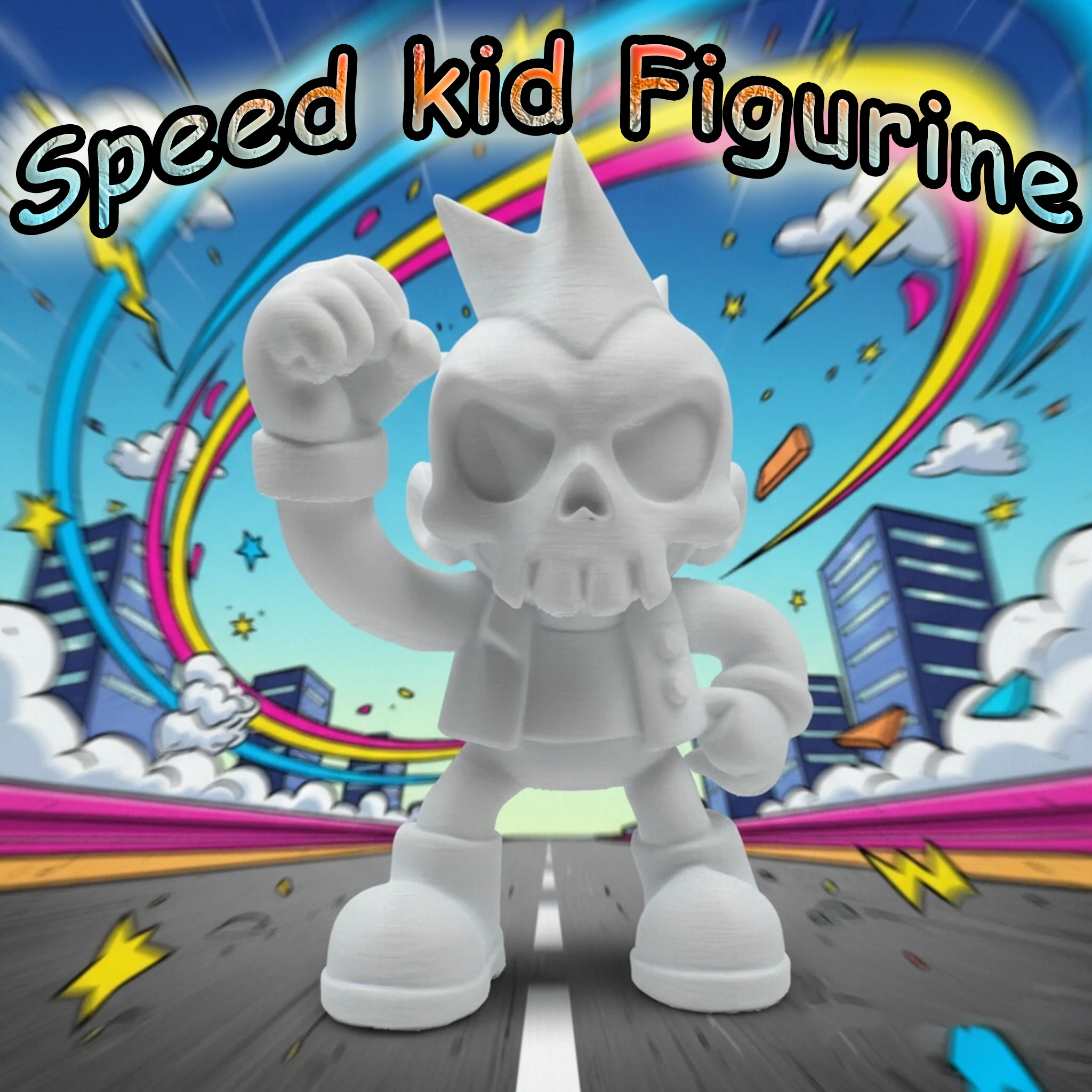 1pc Skull Speed Demon Sculpture, Victory Pose with Raised Fist & Sporty Jacket. Anime-Inspired Skeleton Design with Hand-Carved