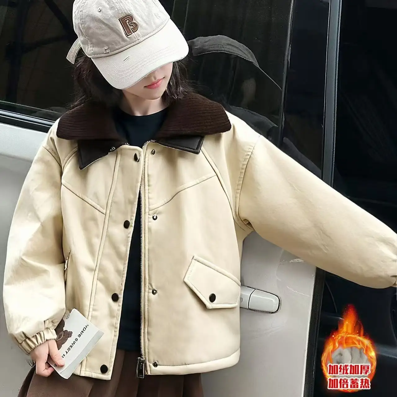 5–15 Jahre Mädchen-Winterjacke aus Fleece-gefüttertem Kunstleder mit Pelzkragen und großen Taschen, 120–170 cm