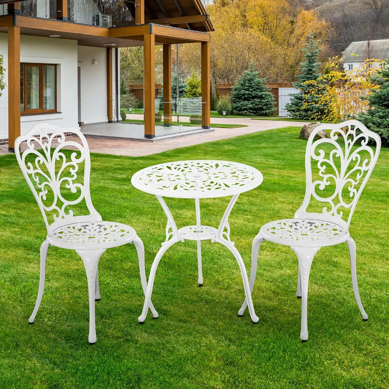 3-Piece White Cast Aluminum Patio Set with Umbrella Hole, All-Weather Outdoor Bistro Table and Chairs for Garden or Porch