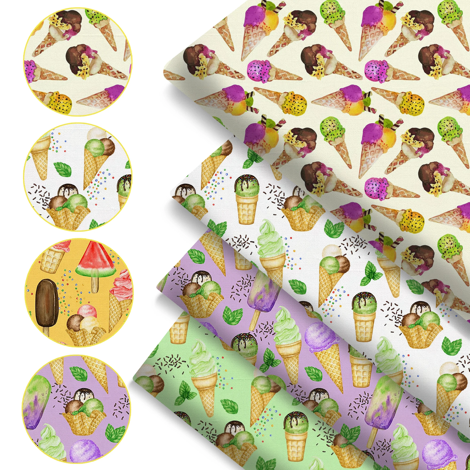 Pre-cut 4Pc/set 7.87x7.87inch(20x20cm) Ice Cream series Precut Quilting Fabric Fat Quarter Fabric Bundle, Polyester