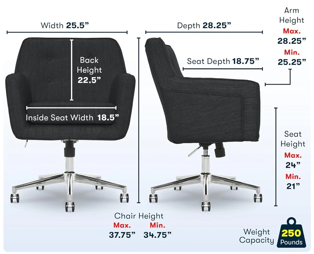 Home office chair with button tufted back, memory foam pad and upholstered arms, chrome metal base, charcoal gray