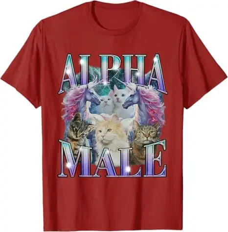 ألفا ذكر يونيكورن القط السخرية تي شيرت تقليدي ريترو ستايل خمر قائلا المحملة قصيرة الأكمام الساخرة نكتة قائلا المحملة الراب Y2k
