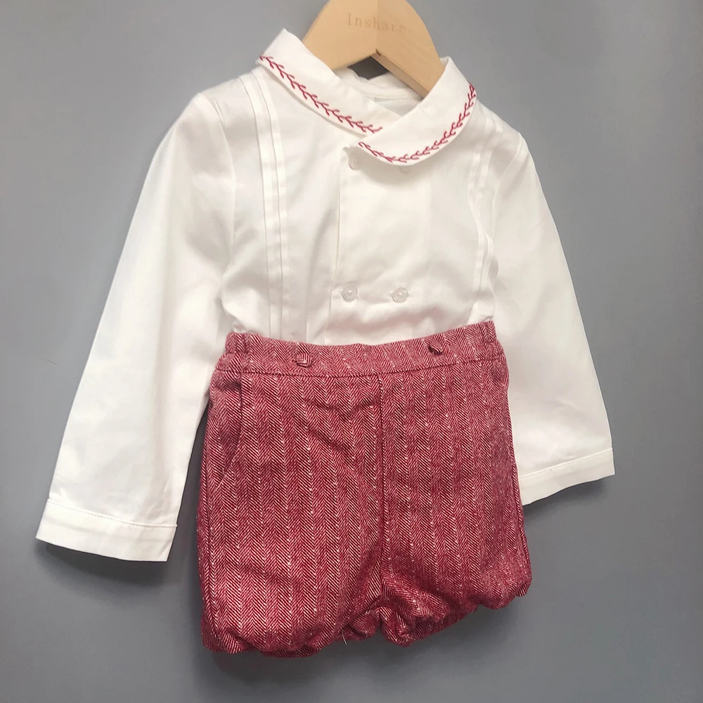 Boutique Children Clothing Autumn Winter Baby Boys Red Wool Christmas Shorts Set Cotton Shirt Eid Clothes Christening dress