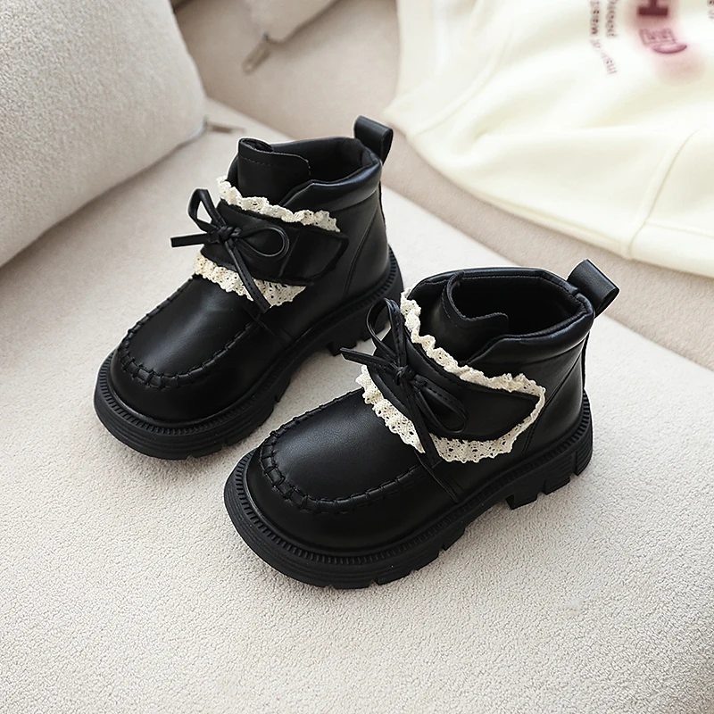 2026 Autumn Fashion Boots for Girls PU Leather Waterproof Teenager Girl's Boots Korean Style Lace Princess Footwear for Girls