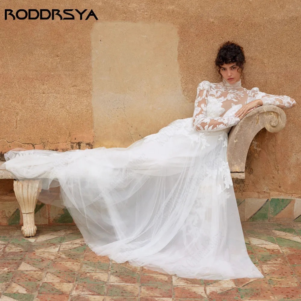 RODDRSYA Muslim Long Sleeves Lace Wedding Dresses High Neck Backless Applique A-Line Tulle Vintage Bridal Gowns Robe De Mariée