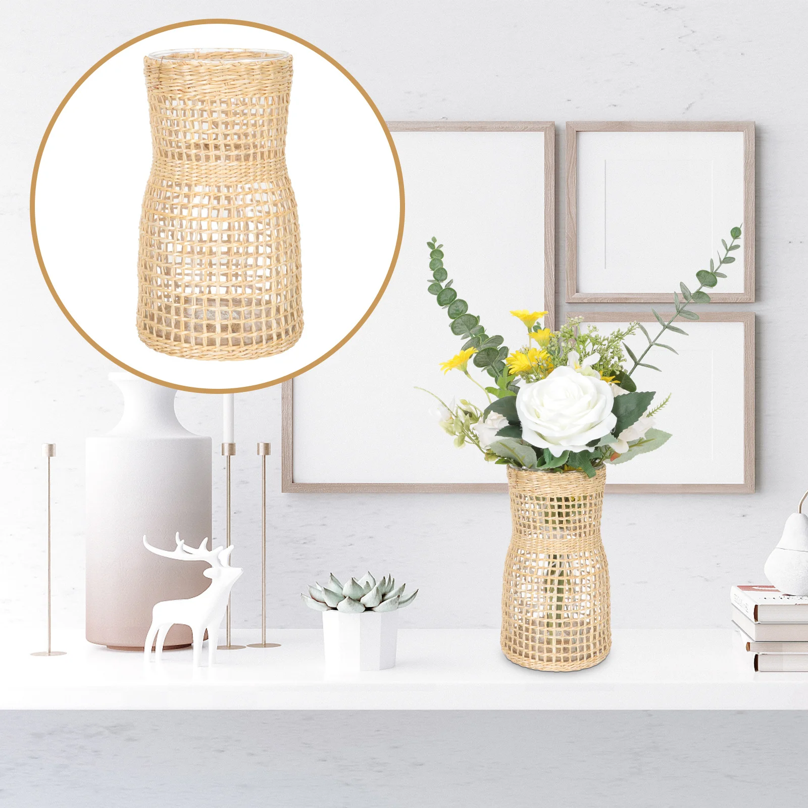 

Glass Floral Vase Rattan Design Farmhouse Style Decorative Flowerpot Desktop Adornment For Home Office Indoor Outdoor