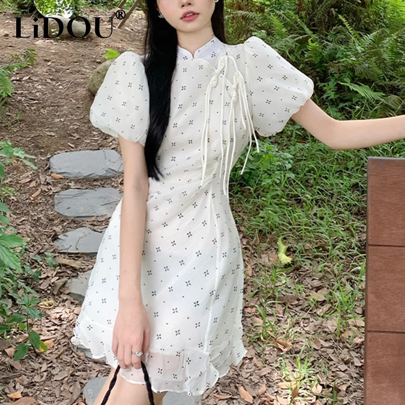 

Винтажное облегающее платье в китайском стиле с цветочным принтом, женское элегантное модное платье с кисточками, женское облегающее платье с коротким рукавом, лето