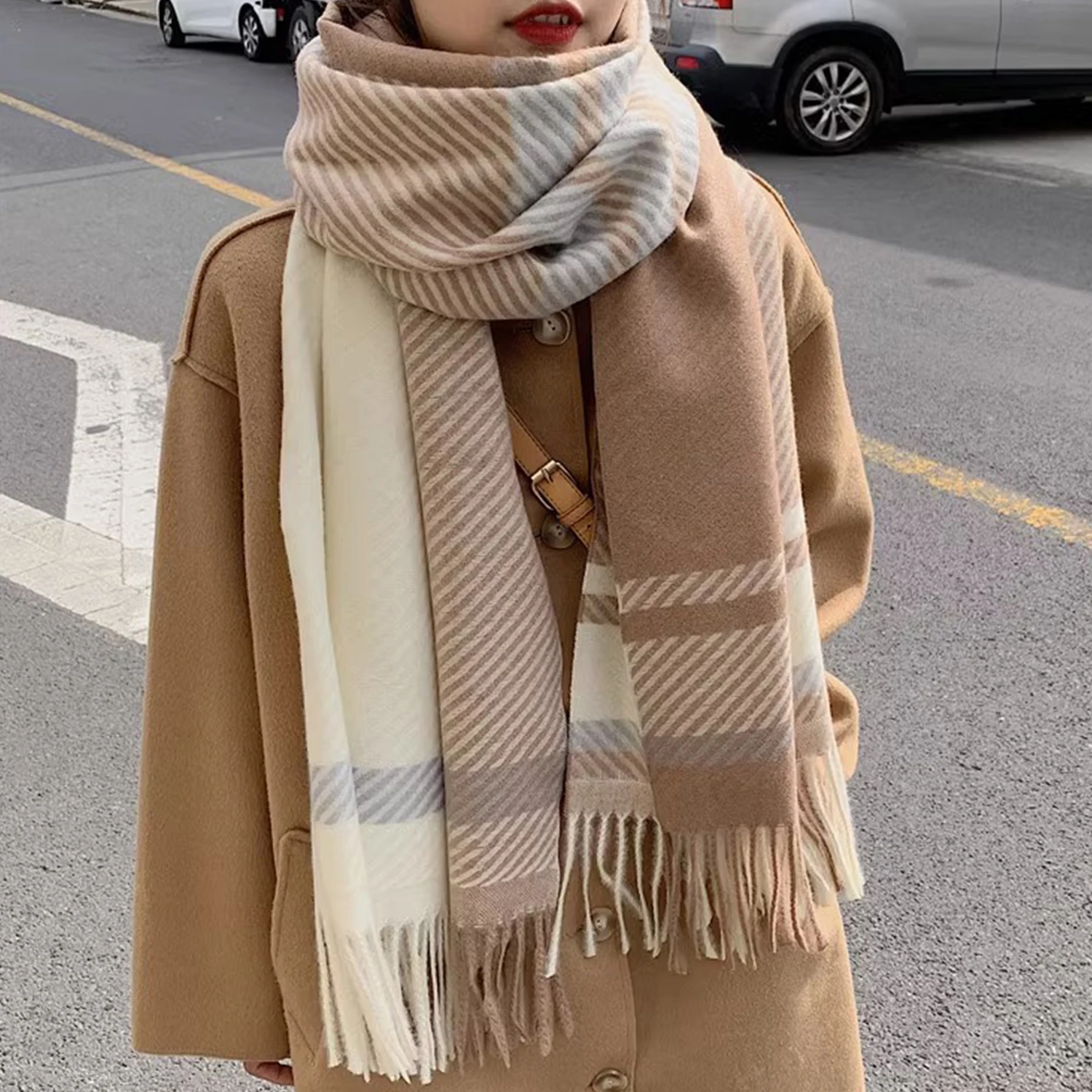 Luxury Brand Scarf Autumn And Winter Houndstooth Classic Color Block Polyester Woven Outdoor Warm Large Shawl Scarf Women Luxury