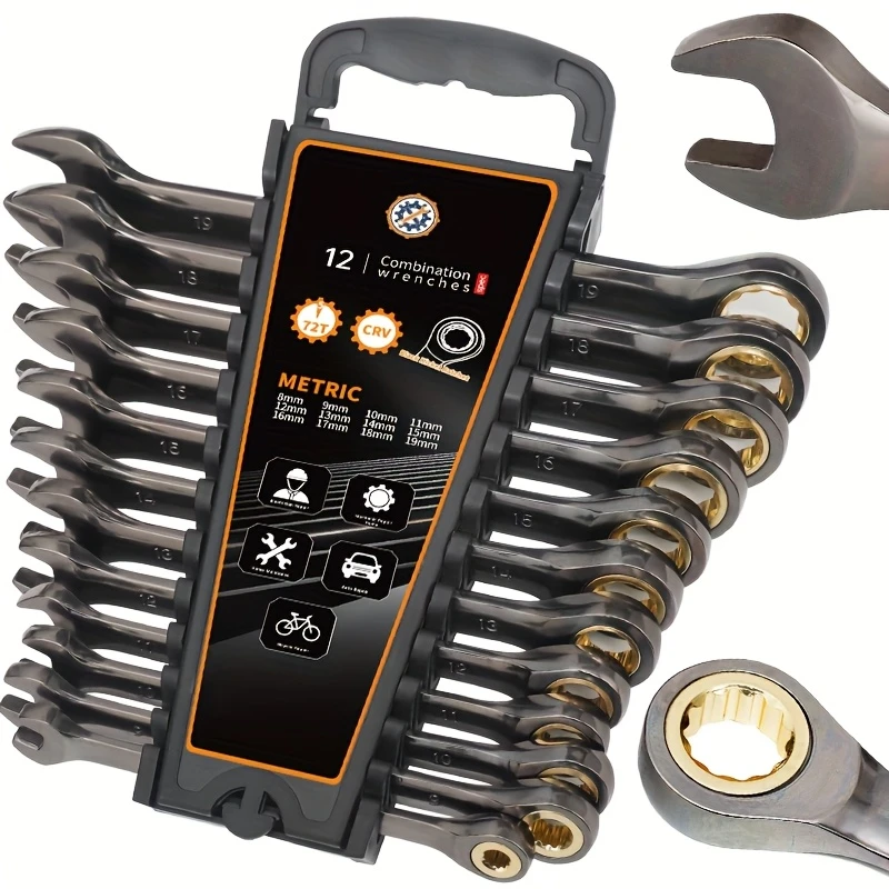 

12PCS Ratcheting Combination Wrench Set Metric 8-19mm CR-V Steel Box End Open End Spanner Hand Tool Kit for Auto Repair