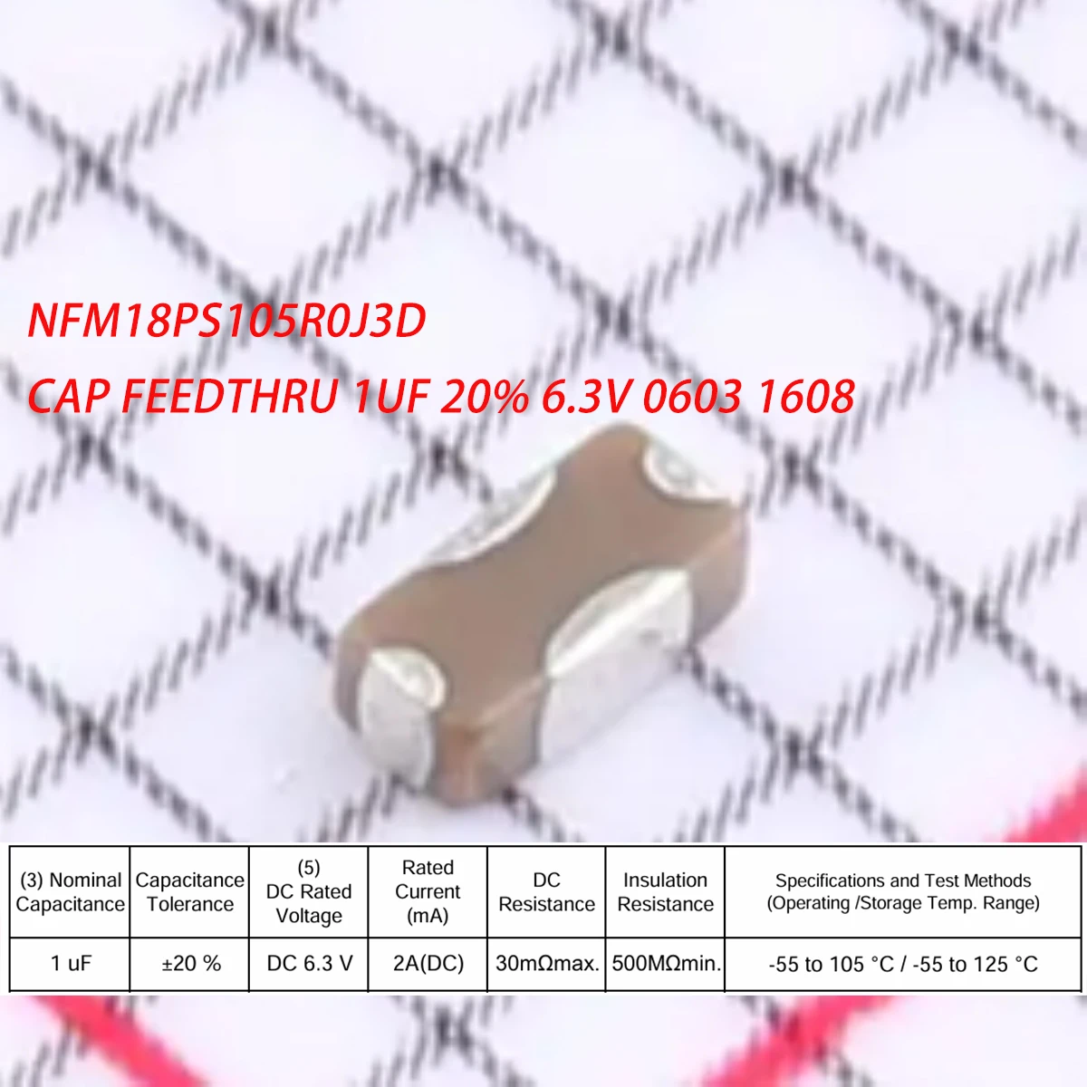 50PCS NFM18PS105R0J3D SMD-4P, 1.6x0.8mm 0603 1608 NEW Original Feedthrough Capacitor Filter 6.3V ±20% 1uF 2A 1μF CAP FEEDTHRU