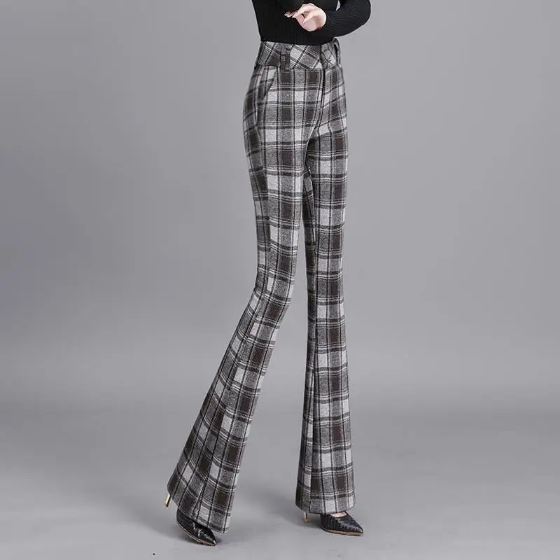 Vintage Fashion Autumn Winter Woolen Flare Pants Women High Waist Plaid Button Pockets Temperament Casual Slim Wide Leg Trousers