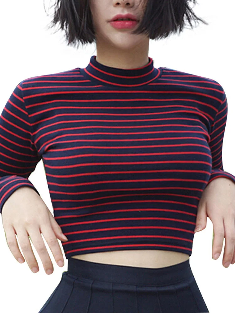 Crop Tops Women  Chic All-match Classic Stripe Slim Short Bustier Crop Top Turtleneck Long Sleeved T-shirt Sexy Shirts Tee