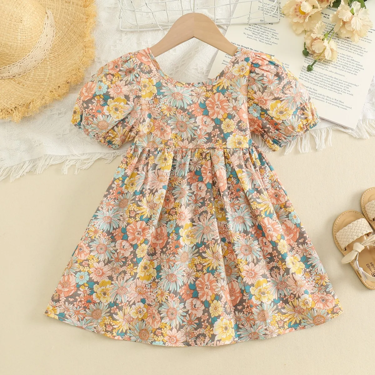 Girls\' dress summer children\'s clothing irregular flower backless children\'s dress stylish bubble sleeve princess skirt