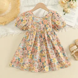 Girls' dress summer children's clothing irregular flower backless children's dress stylish bubble sleeve princess skirt