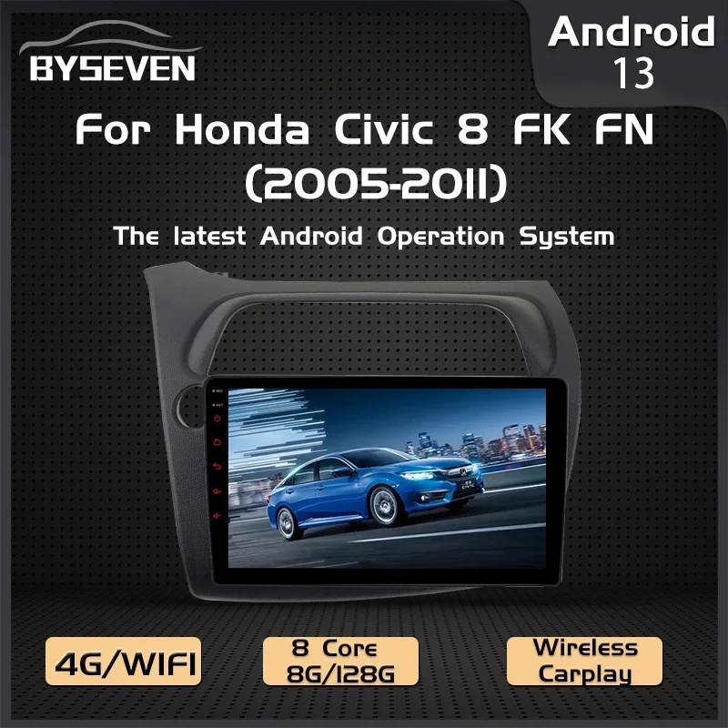 BySeven Android 13 car radio suitable for Honda Civic hatchback 2006-2011 multimedia player GPS navigation console stereo video