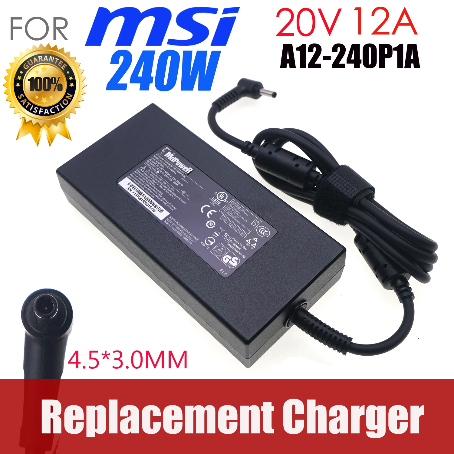 

Replacement Chicony A20-240P2A 20V 12A AC Adapter A12-240P1A 240W Charger For MSI Gaming Laptop Power Supply 4.5*3.0mm Adaptor