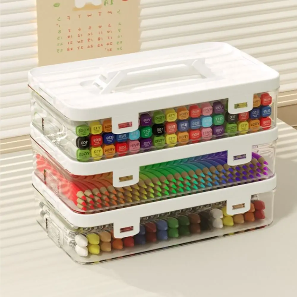 

Large Capacity Art Marker Pen Case Transparent With Handle Marker Pen Holder Simple Portable Desk Storage Box Art Supplies