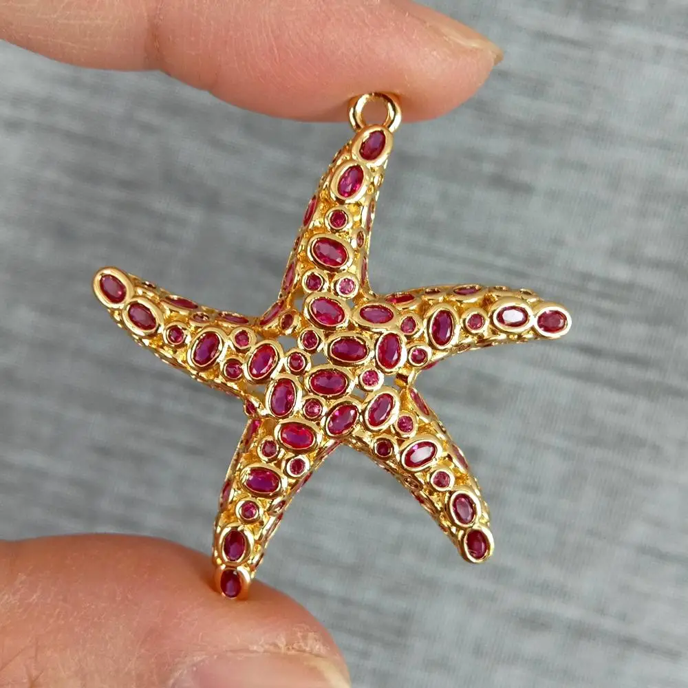 3 Pcs 40x40mm High Quality Brass Fuchsia Cubic Zirconia Sea Star Charms Pendant
