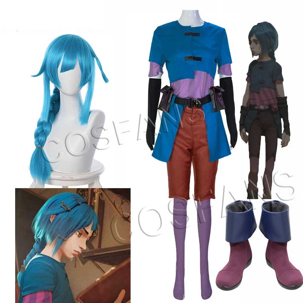 Anime LOL Arcane Powder Jinx Cosplay Costume Wig Women for Halloween Party Cosplay Costume women men full wig shoes headgear