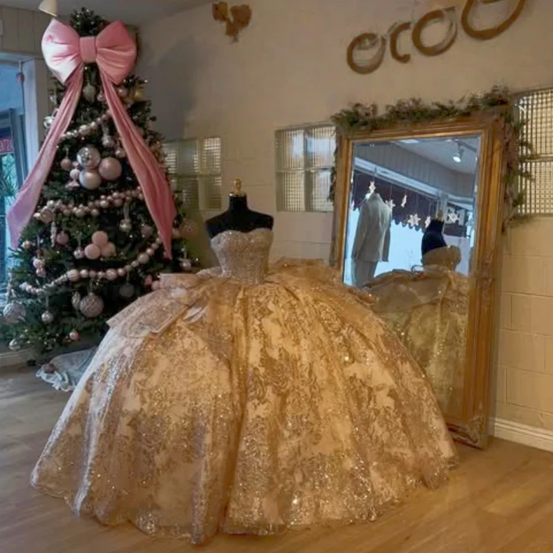

Shiny Champagne Gold Quinceanera Dress crystal glitter Decal Long tail layering Bow Vestidos De 15 Quinceanera ﻿Customize